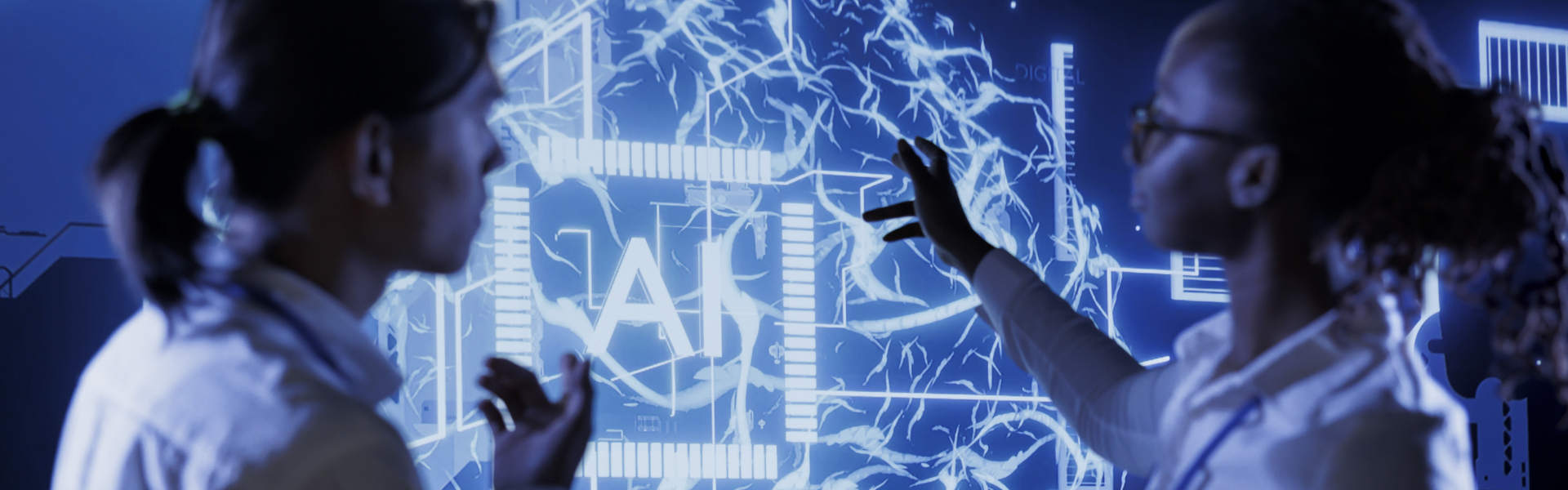 Knowledgeable professionals looking at hologram of artificial intelligence human brain simulation